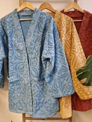 Applique Cotton Knee Length Reversible Kimono in Elegant Pastel Blue Sky - Image 8