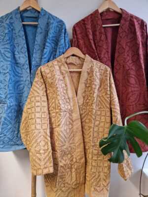 Applique Cotton Knee Length Reversible Kimono in Mustard Gold Beige - Image 2