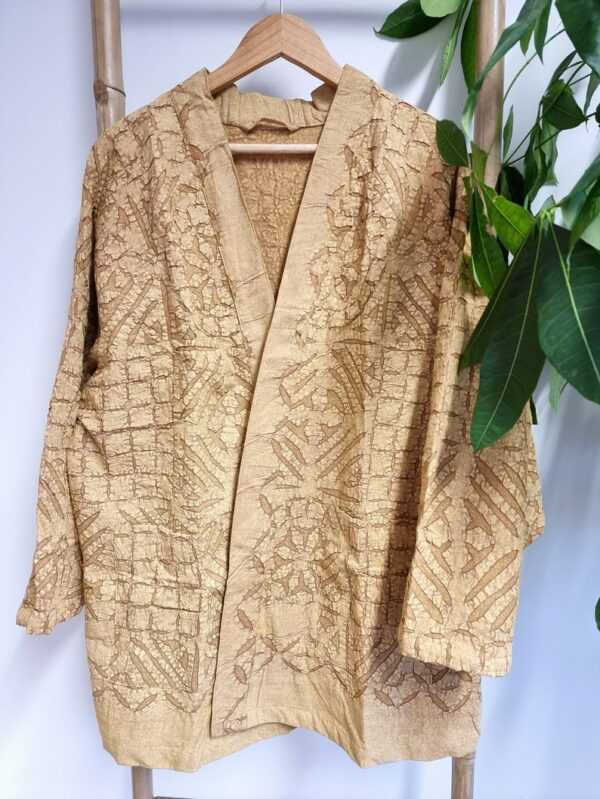 Applique Cotton Knee Length Reversible Kimono in Mustard Gold Beige