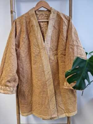 Applique Cotton Knee Length Reversible Kimono in Mustard Gold Beige - Image 3