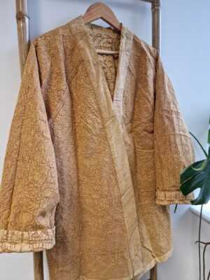 Applique Cotton Knee Length Reversible Kimono in Mustard Gold Beige - Image 4