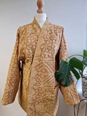 Applique Cotton Knee Length Reversible Kimono in Mustard Gold Beige - Image 5