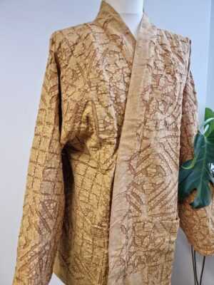 Applique Cotton Knee Length Reversible Kimono in Mustard Gold Beige - Image 6