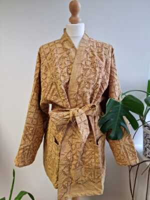 Applique Cotton Knee Length Reversible Kimono in Mustard Gold Beige - Image 7