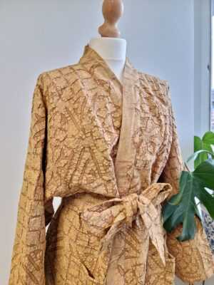 Applique Cotton Knee Length Reversible Kimono in Mustard Gold Beige - Image 8