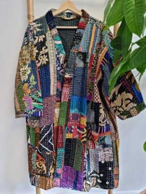 Silk Kantha Cotton Knee Length Patchwork in Regal Black - Image 2