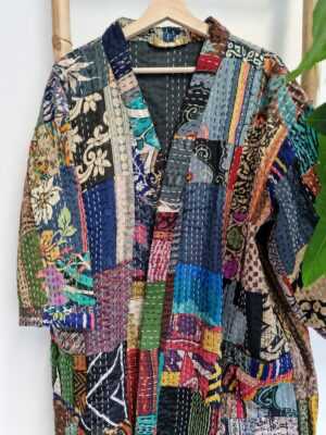Silk Kantha Cotton Knee Length Patchwork in Regal Black - Image 4