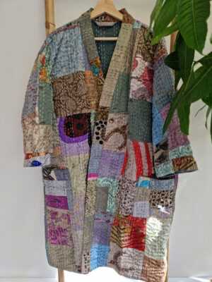 Silk Kantha Cotton Knee Length Patchwork in Regal Grey - Image 3