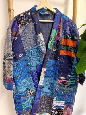Silk Kantha Cotton Knee Length Patchwork in Royal Blue - Image 3