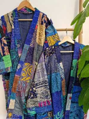 Silk Kantha Cotton Knee Length Patchwork in Royal Blue - Image 4