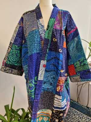 Silk Kantha Cotton Knee Length Patchwork in Royal Blue - Image 5
