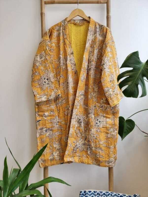Kantha Cotton Reversible Kimono in Mustard Yellow Oriental