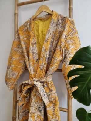 Kantha Cotton Reversible Kimono in Mustard Yellow Oriental - Image 2