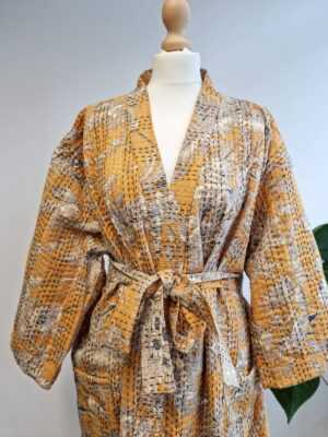 Kantha Cotton Reversible Kimono in Mustard Yellow Oriental - Image 3