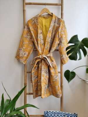 Kantha Cotton Reversible Kimono in Mustard Yellow Oriental - Image 4