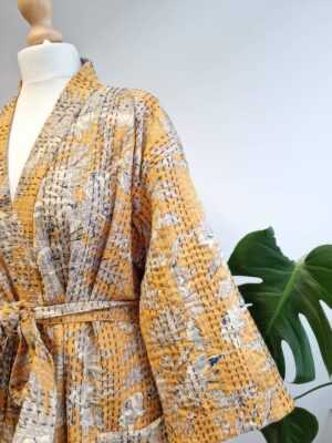 Kantha Cotton Reversible Kimono in Mustard Yellow Oriental - Image 6