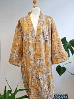 Kantha Cotton Reversible Kimono in Mustard Yellow Oriental - Image 7