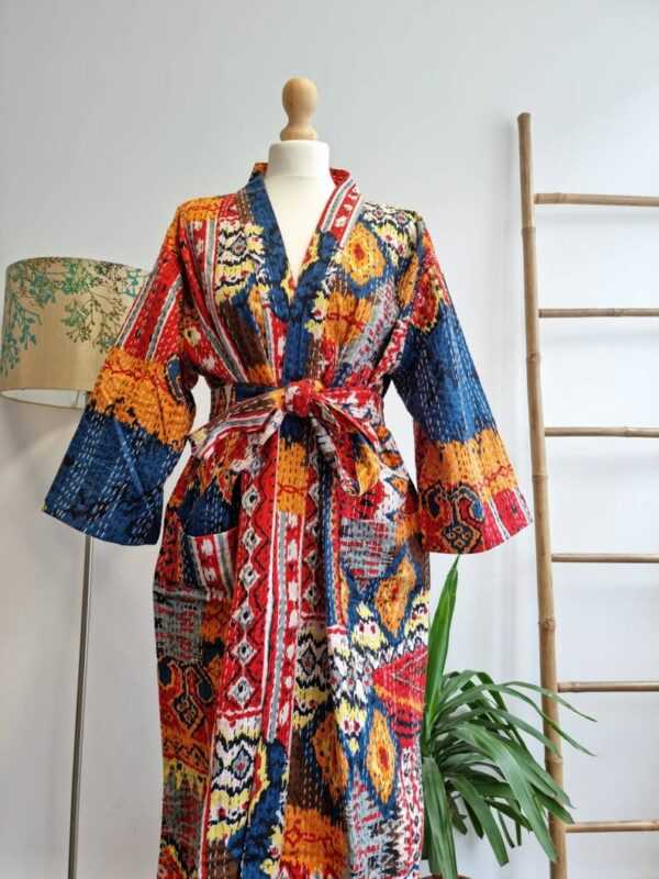 Kantha Cotton Long Reversible Kimono in Boho colorful Ikat