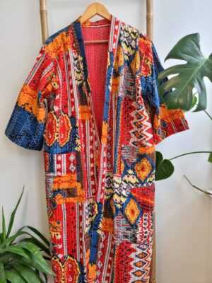 Kantha Cotton Long Reversible Kimono in Boho colorful Ikat - Image 2