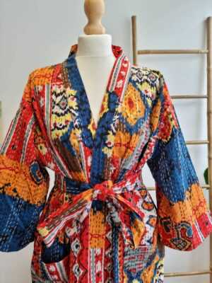Kantha Cotton Long Reversible Kimono in Boho colorful Ikat - Image 3