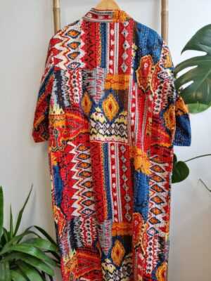 Kantha Cotton Long Reversible Kimono in Boho colorful Ikat - Image 4