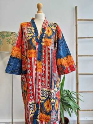 Kantha Cotton Long Reversible Kimono in Boho colorful Ikat - Image 5