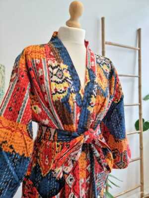 Kantha Cotton Long Reversible Kimono in Boho colorful Ikat - Image 6