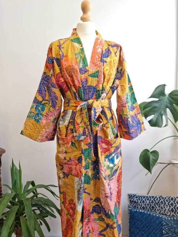 Kantha Cotton Long Reversible Kimono in Botanical Shade