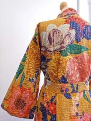 Kantha Cotton Long Reversible Kimono in Botanical Shade - Image 6