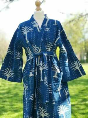 Kantha Cotton Long Reversible Kimono in Indigo Palm - Image 2