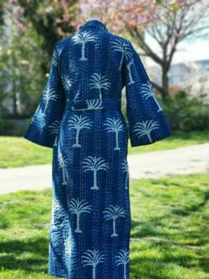 Kantha Cotton Long Reversible Kimono in Indigo Palm - Image 3