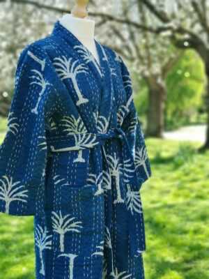 Kantha Cotton Long Reversible Kimono in Indigo Palm - Image 4