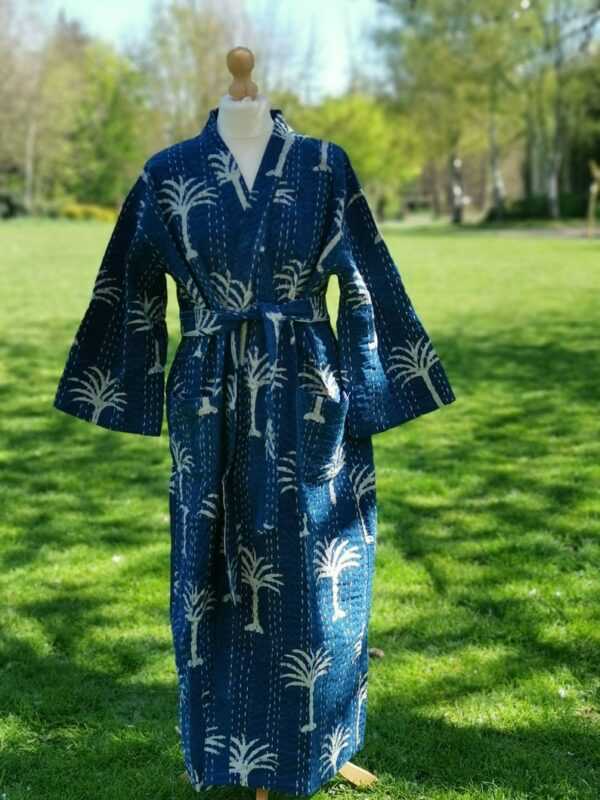 Kantha Cotton Long Reversible Kimono in Indigo Palm