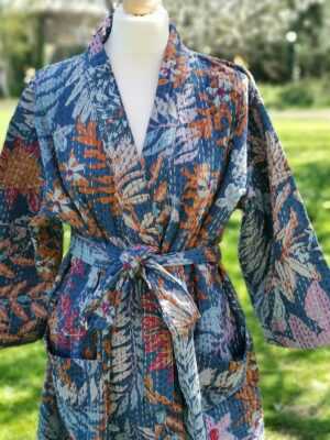 Kantha Cotton Long Reversible Kimono in Tropical Blue - Image 2