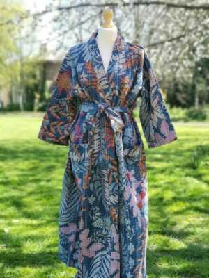 Kantha Cotton Long Reversible Kimono in Tropical Blue - Image 3