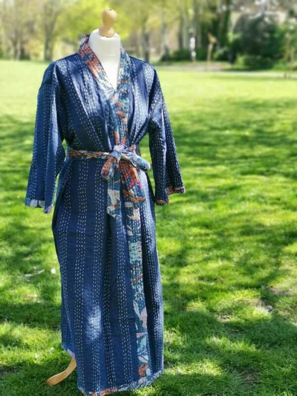 Kantha Cotton Long Reversible Kimono in Tropical Blue