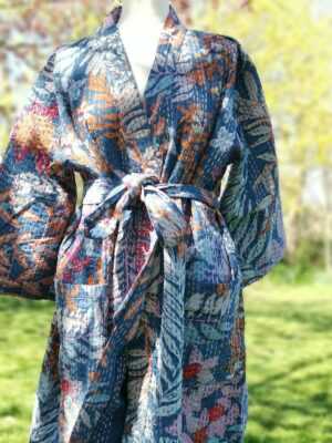 Kantha Cotton Long Reversible Kimono in Tropical Blue - Image 4