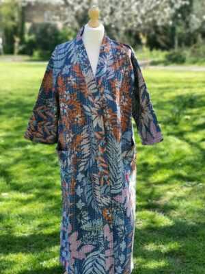 Kantha Cotton Long Reversible Kimono in Tropical Blue - Image 5