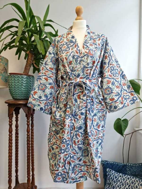 Kantha Cotton Reversible Kimono in White Blue & Rust Aqua