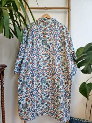 Kantha Cotton Reversible Kimono in White Blue & Rust Aqua - Image 2