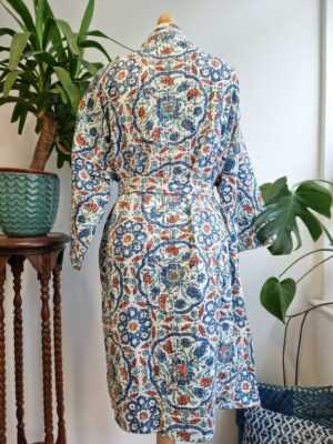 Kantha Cotton Reversible Kimono in White Blue & Rust Aqua - Image 5