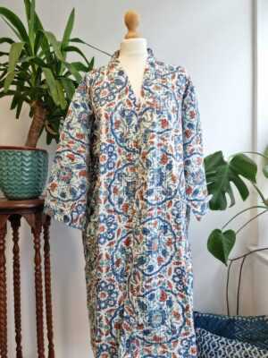 Kantha Cotton Reversible Kimono in White Blue & Rust Aqua - Image 6