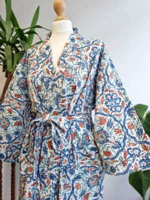 Kantha Cotton Reversible Kimono in White Blue & Rust Aqua - Image 7