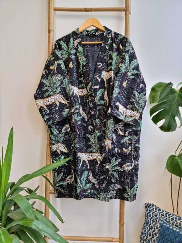 Kantha Cotton Reversible Kimono in Black Cheetah design
