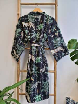 Kantha Cotton Reversible Kimono in Black Cheetah design - Image 3