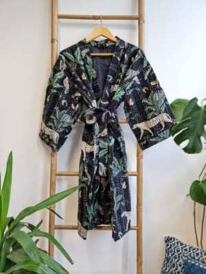 Kantha Cotton Reversible Kimono in Black Cheetah design - Image 5