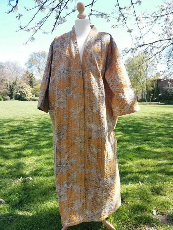 Kantha Cotton Long Reversible Kimono in Mustard Beige Gardenia