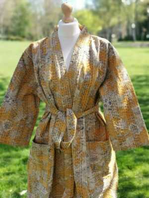 Kantha Cotton Long Reversible Kimono in Mustard Beige Gardenia - Image 3