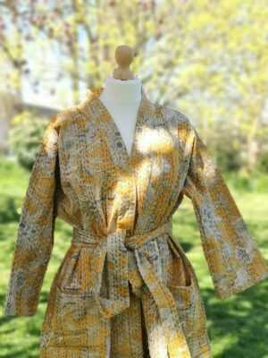 Kantha Cotton Long Reversible Kimono in Mustard Beige Gardenia - Image 4