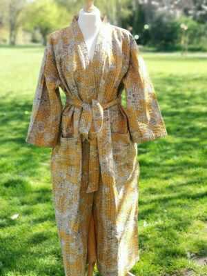 Kantha Cotton Long Reversible Kimono in Mustard Beige Gardenia - Image 5